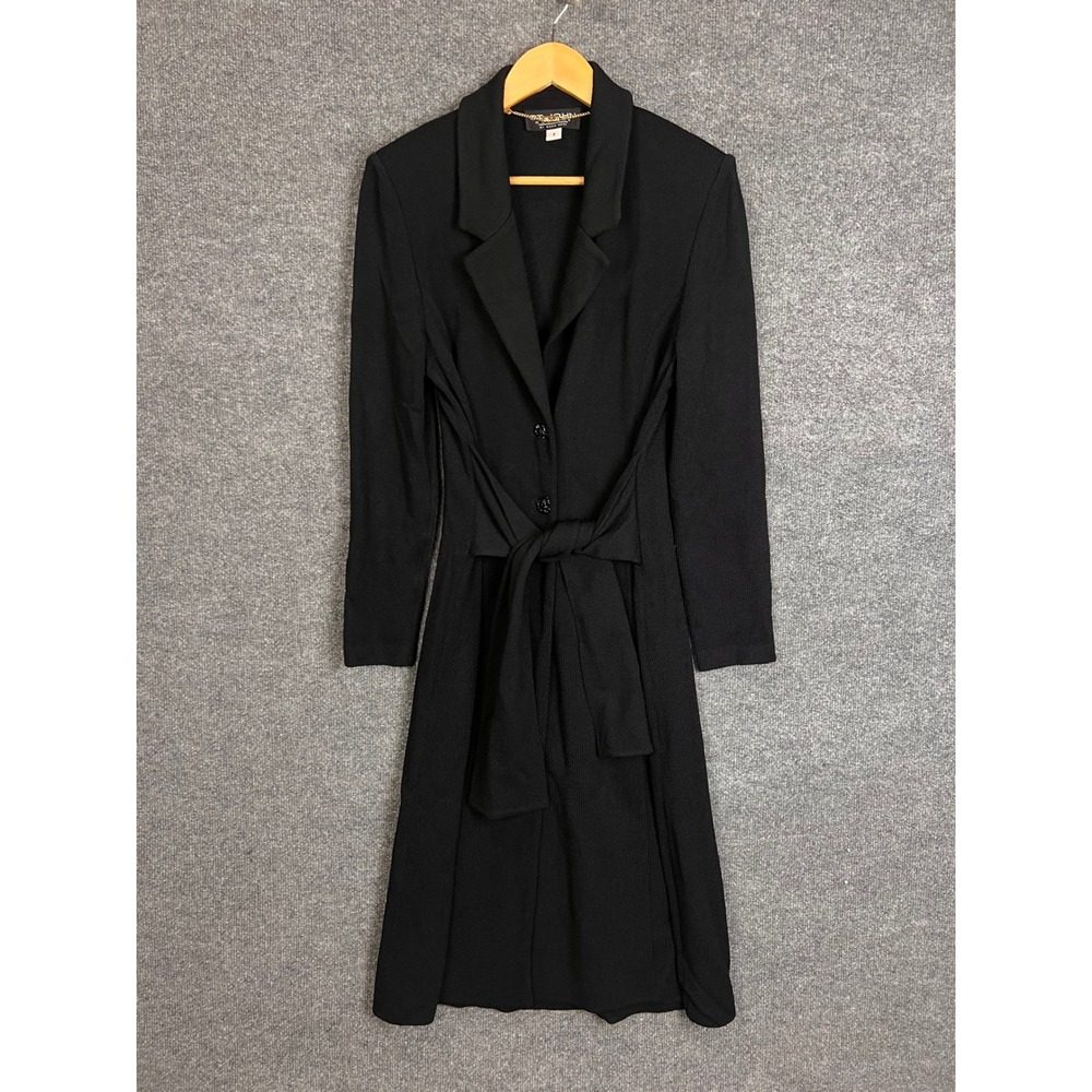 St. John Couture Knit Long Jacket Womens 8 Black Excellent Belted Santana